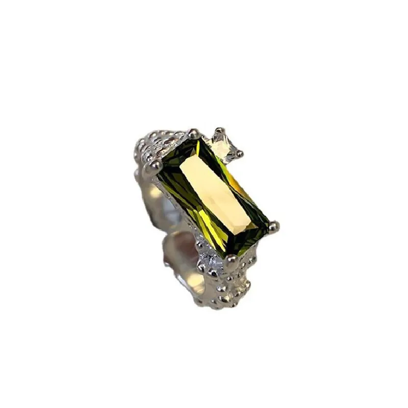 100% Solid 925 Sterling Green Rectangle Stone Rings For Women Simple Trendy Retro Anillos Party Gifts Accessories
