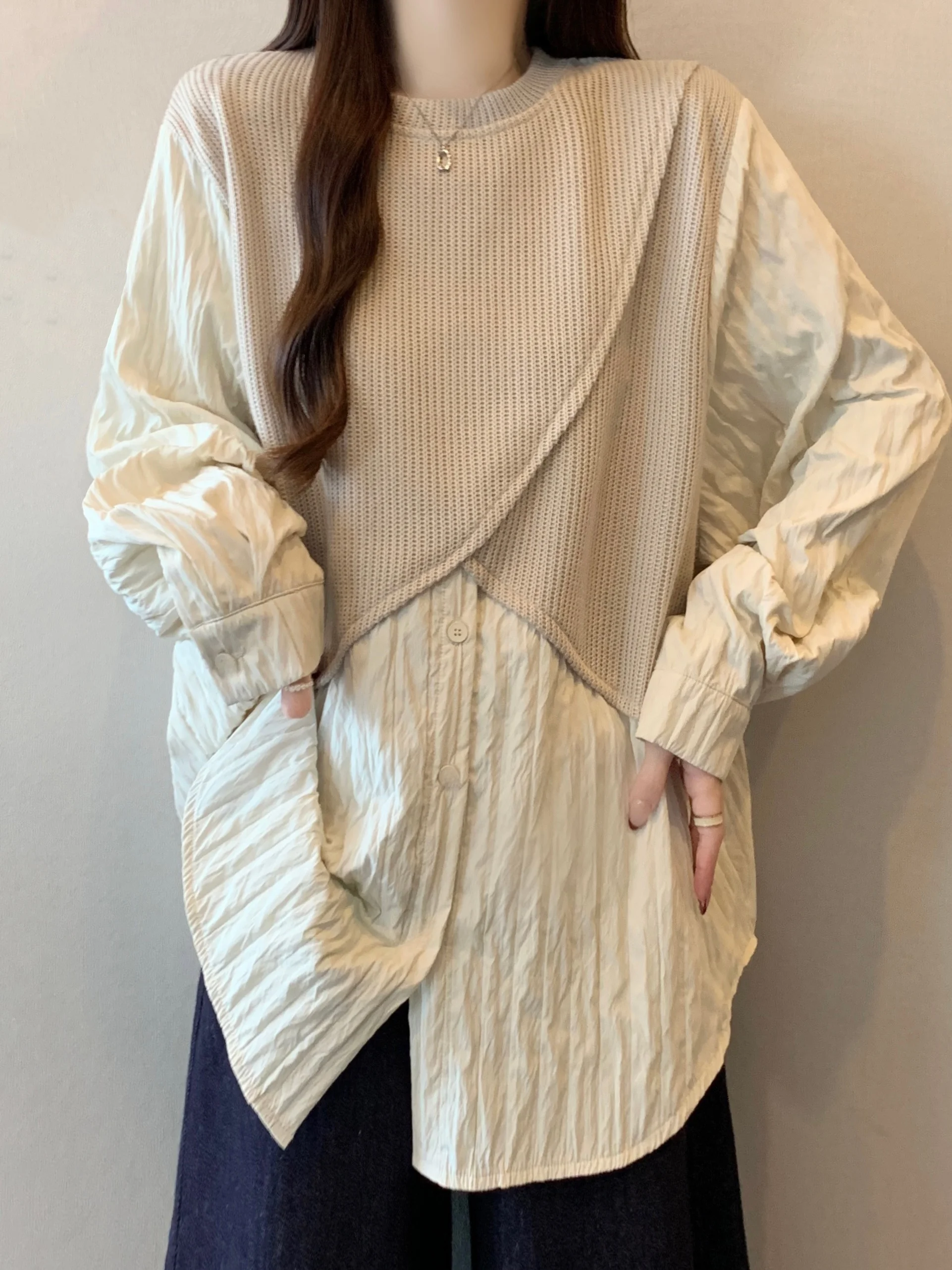 

Women's Knitted Splice Long Sleeve Shirt Regular Fit Korean Style Commute Fashion plus Size Medium Length Top Spring 2026