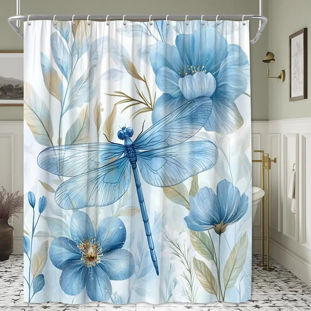 Watercolor Floral Dragonfly Blue Flower Shower Curtain Set for Bathroom Decoration Bohemian Natural Polyester Home Decor Curtain