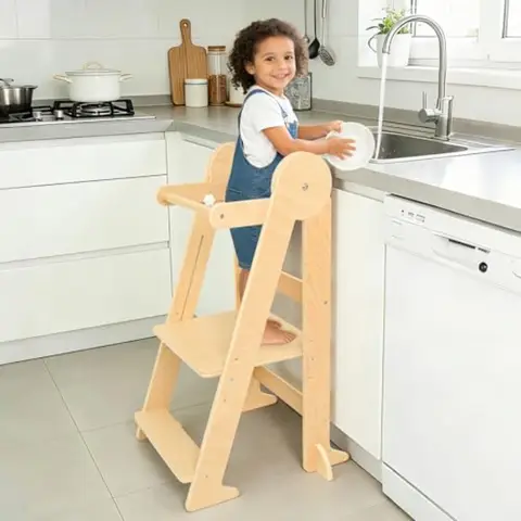 Foldable Toddler Kitchen Stool Helper Folding Tower for Kid with 3 Adjustable Heights Montessori Toddler Standing Tower for Kit