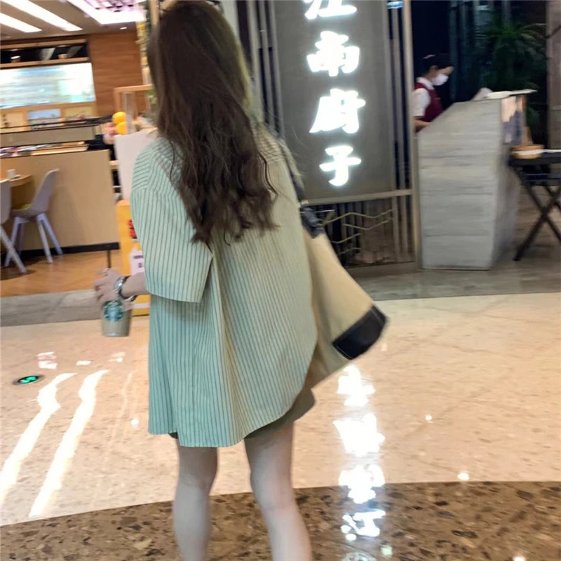 Retro Striped ort Sve irt Loose Casual Women's Design Summer Top UV Protection Chinese Sle  Collar Button Closure