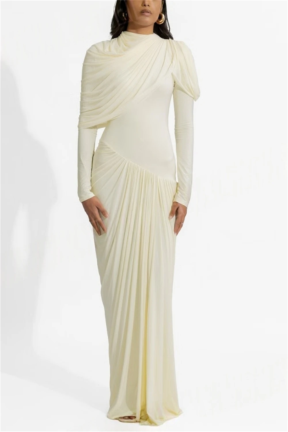 Customized Soft  Jersey Evening Dress Exquisite Crew Neck Long Sleeves Special Occasion Gowns Simple Sweep Train Prom Dress