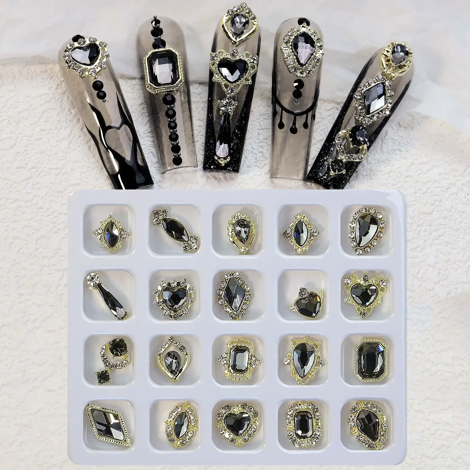 

20pcs/box Black Nail Art Rhinestones Kit Nails Glitter Ornament Mixed Styles Size Diamond For DIY Manicure 3d Jewelry Decoration