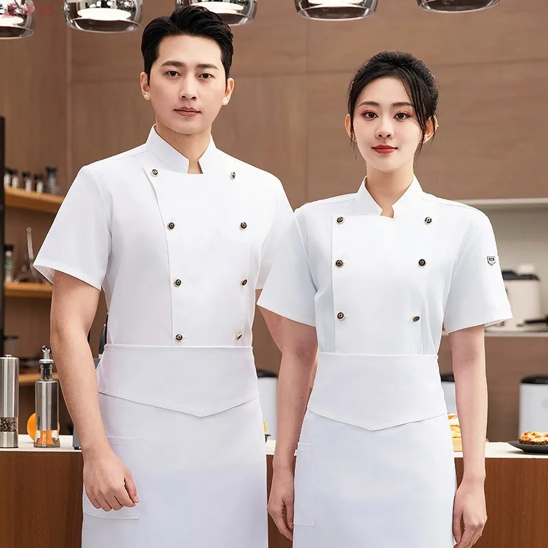 

Summer Thin Breathable Mesh Double-Breasted Short Sleeve Chef Jacket for Catering Hotel Restaurant Canteen Pastry Chef Uniform