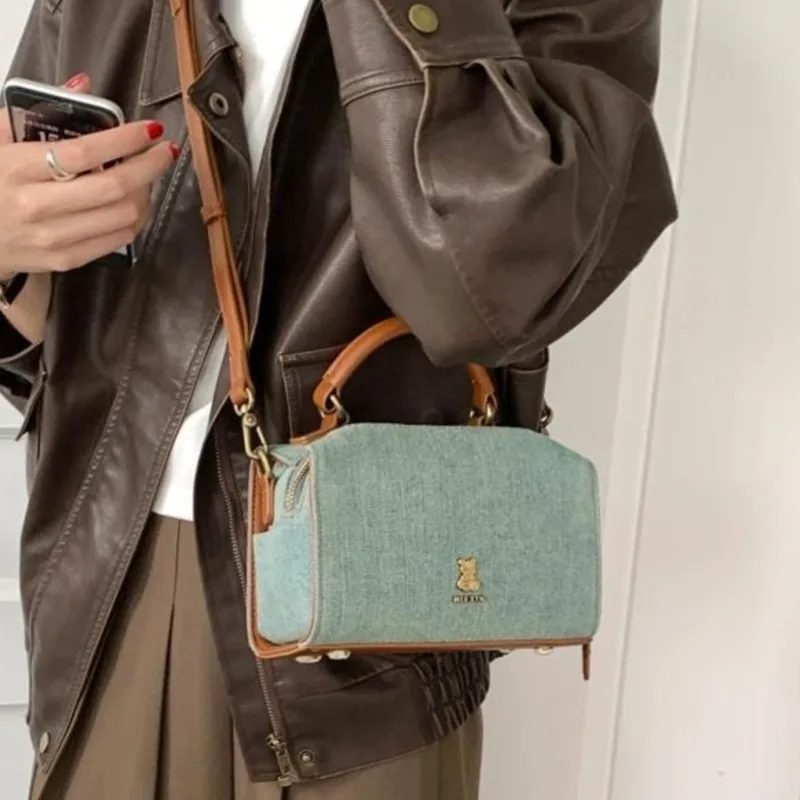 

JIAERDI Ретро медведь Бостон сумка женская джинсовая большая вместительная сумка на плечо с подушкой женская модная повседневная сумка через плечо