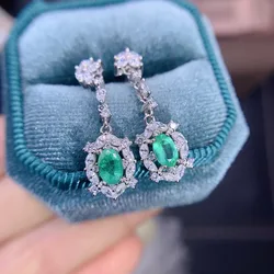 100% Natural Emerald Stud Earrings for Office Woman 4mm*6mm Emerald Silver Earrings 925 Sterling Silver Emerald Earrings YULEM
