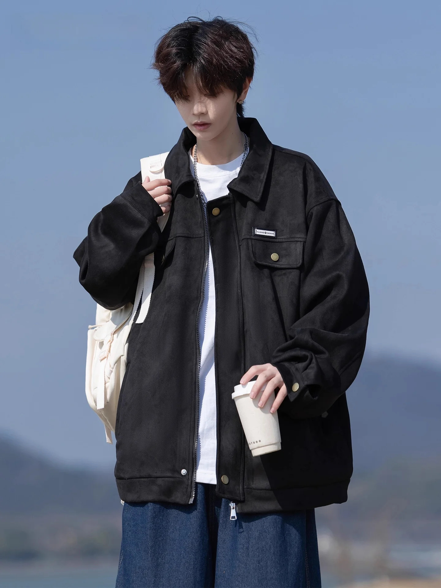 

Genio Lamode Men's Suede Jaet Casual Japanese Sle Autumn Winter Coat Versatile Loose Fit oulder Sve Zipper ket