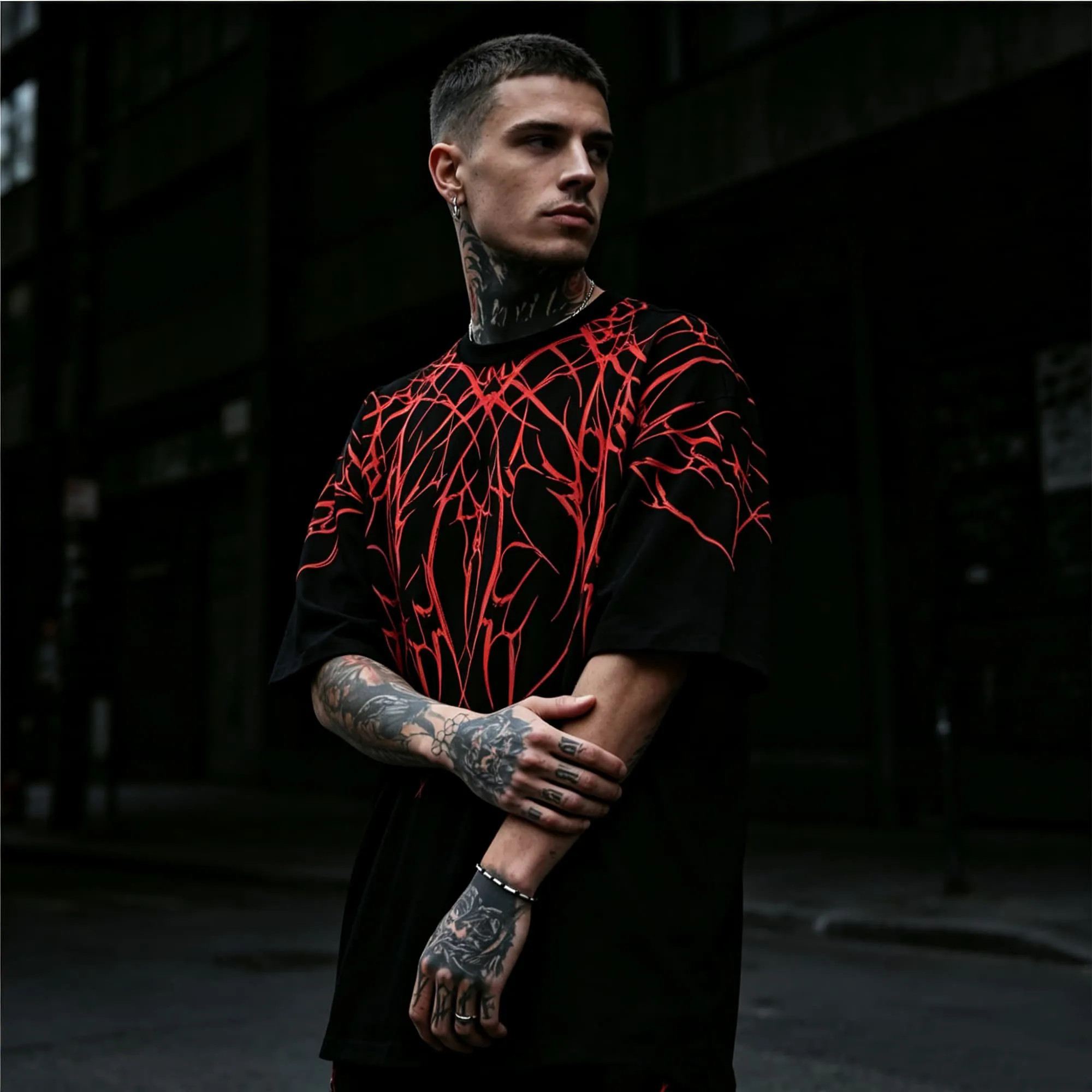 Punk Metal Style Men T‑Shirt Red Thorn Abstract Tribal Graphic Print Gothic Dark Aesthetic Short Sleeve Streetwear Tees