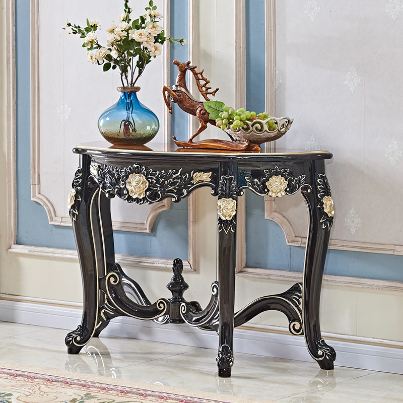 Ebony-colored porch European-style retro solid wood carved semicircle entrance hall