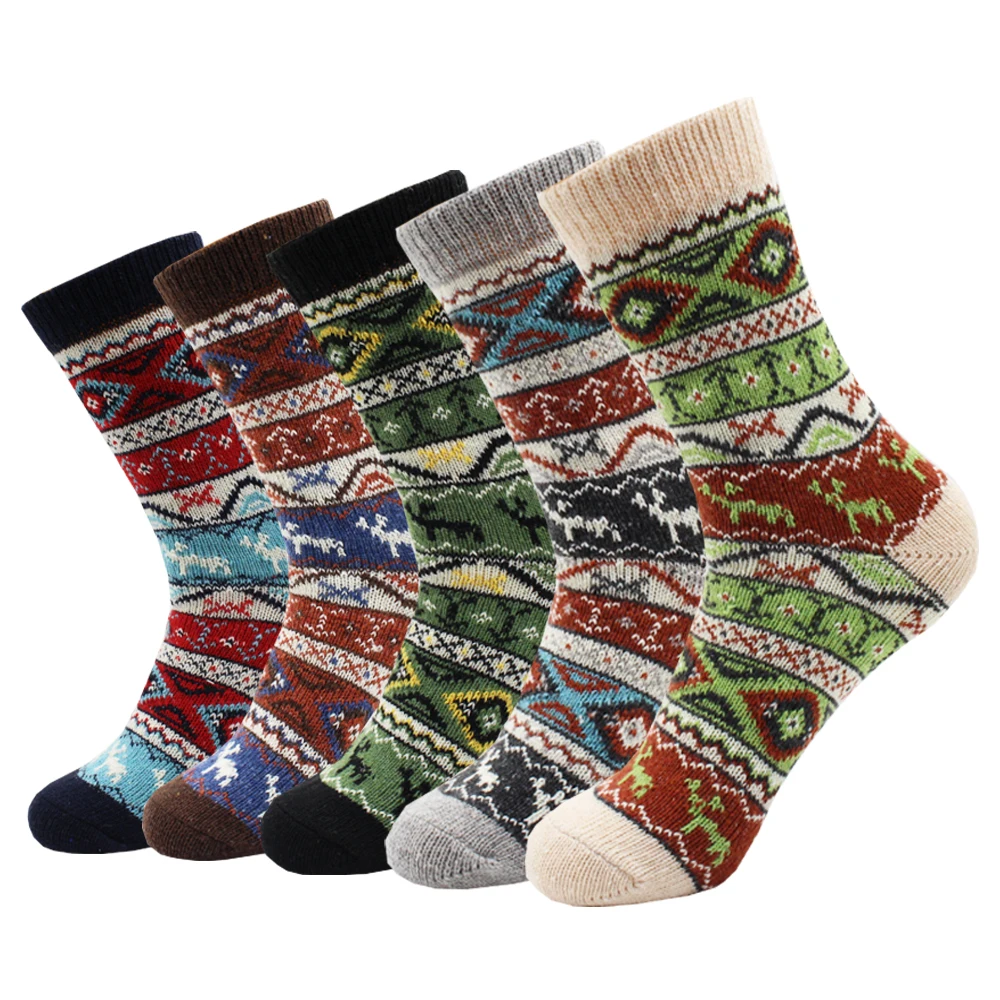 5 Pairs New Autumn and Winter Warm Thicken Women Wool Socks Cartoon Diamond Christmas Deer Kitten Ethnic style Casual Socks