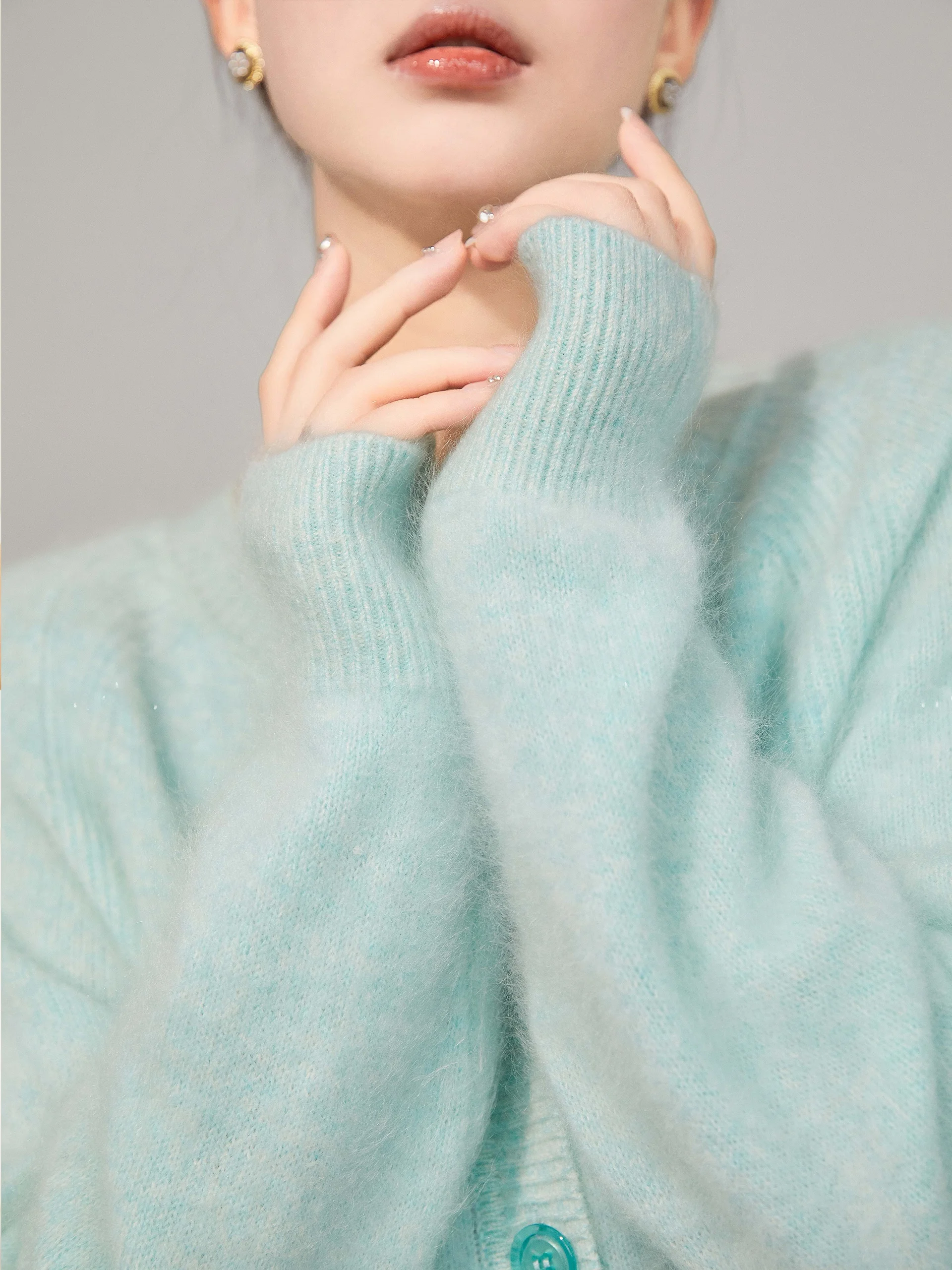 

Soft Blue Knitted Open Cardigan Sweater Women's High-End Spring round Ne Loose Fit Polyester Fiber Long Sve Regular Length