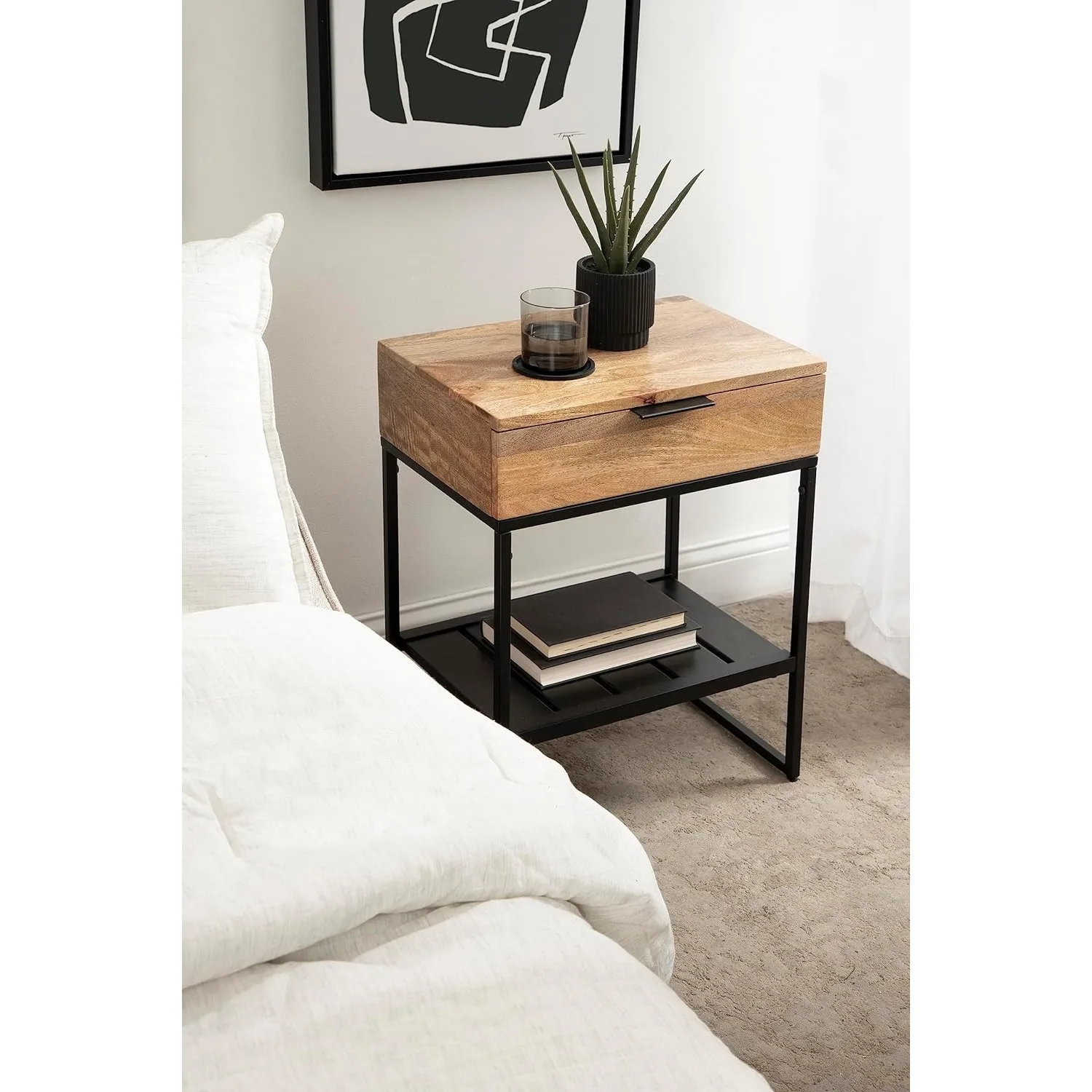 Kate and Laurel Malone Modern Wooden Side Table with Metal Shelf, 18 x 13 x 25, Natural Brown and Black, Transitional Nightstand