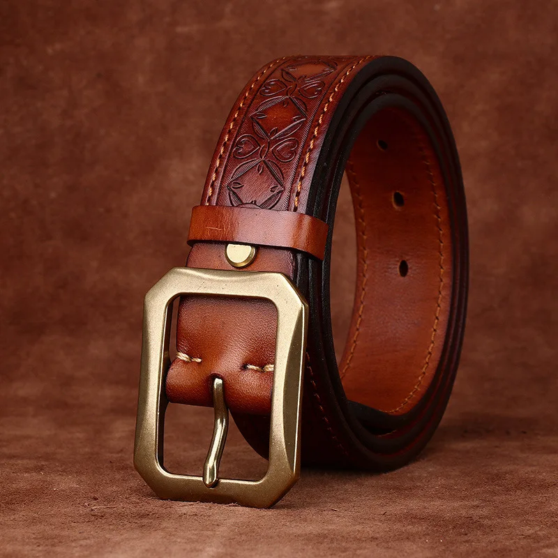 

3.8CM Thick Cowhide Copper Buckle Genuine Leather Casual Jeans Denim Belt Men Embossing Retro Luxury Design Male Strap Belts