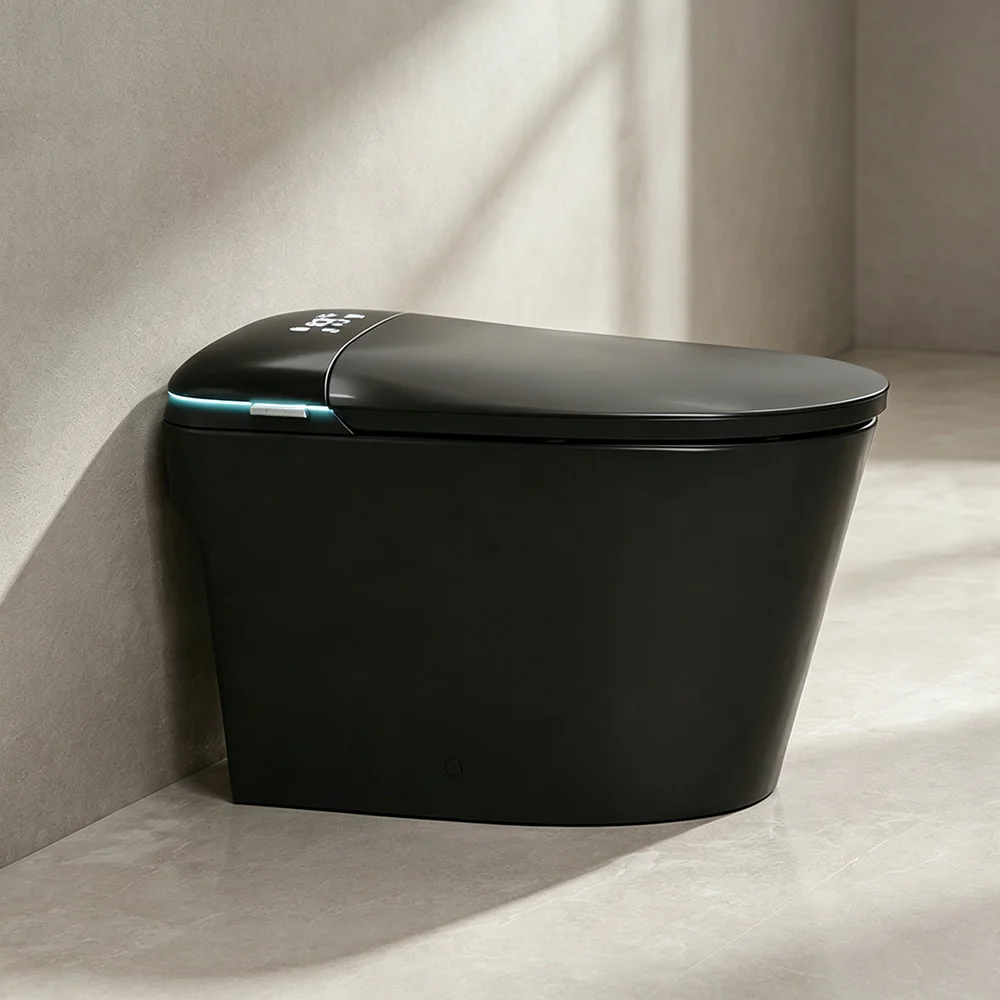 Black 110V One-piece Smart Toilet Seat and Bidet Build in Tank Instant Heat Water Cleaning Warm Seat Air Drying Toilet Auto Sensing Night Light Toilet Bathroom Accessories