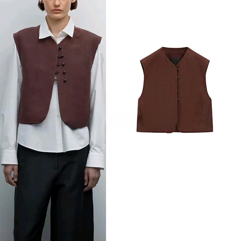 春の新作 レディース エレガントな白いスーツベスト 大人スタイル 中華風 新スタイル Vネック ショート丈 シングルボタン 無地