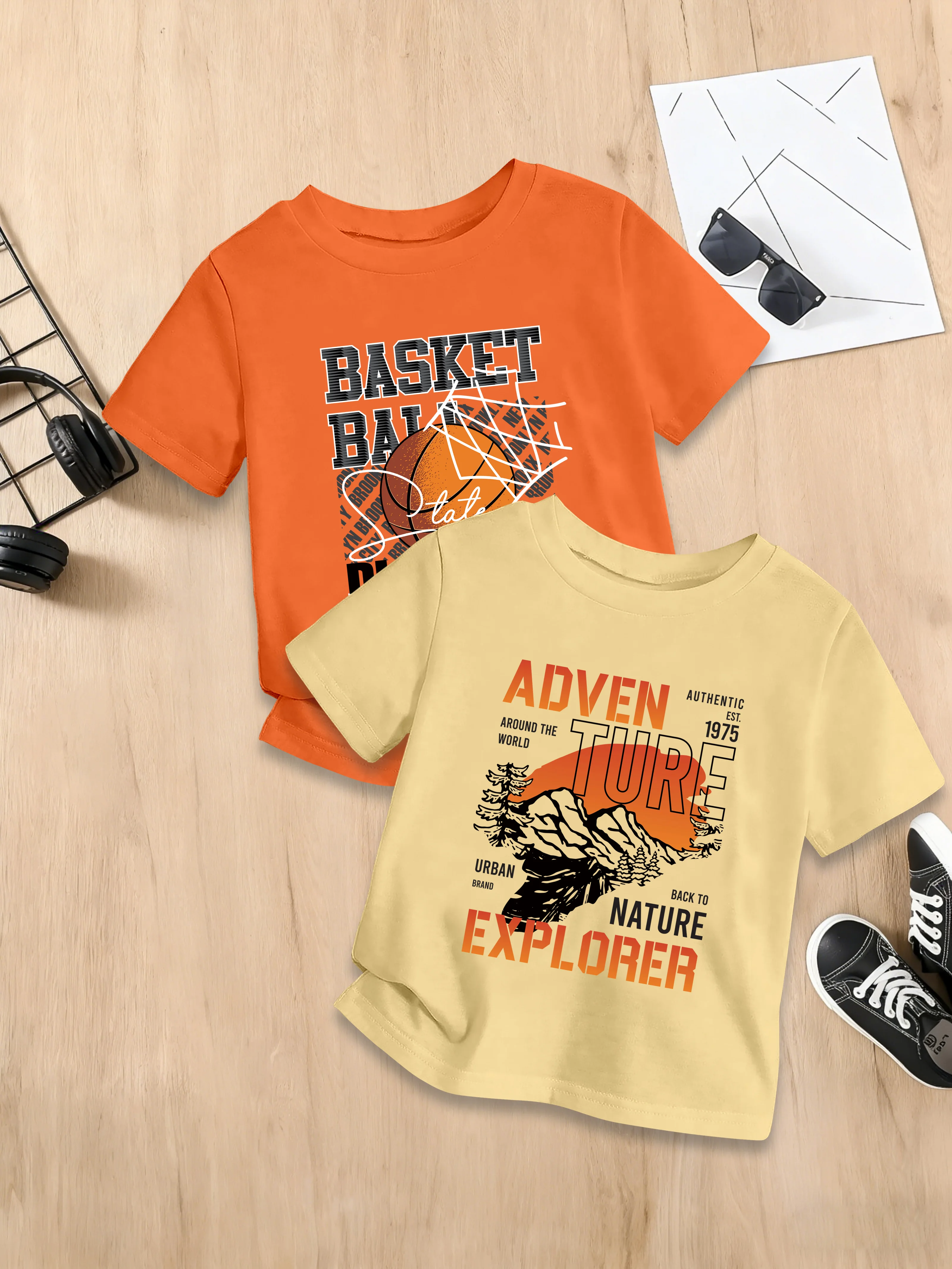 

2 предмета: летняя футболка для мальчиков, повседневная, с круглым вырезом, с мультяшным принтом заката и гор, баскетбольный принт