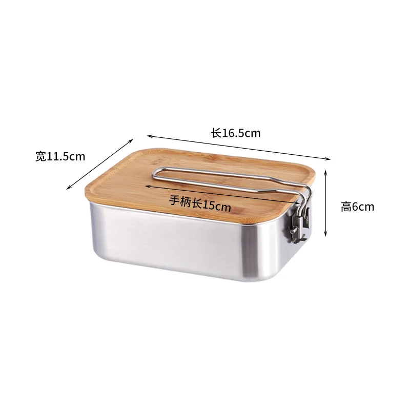 Outdoor Bento Box with Wooden Lid Japanese Crisper Refrigerator Storage Thickened Stainless Steel Bamboo Lid Lunch Box Sealed