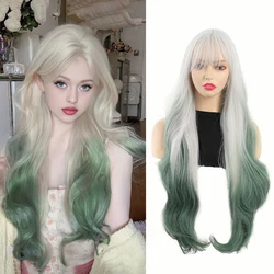 Silver White Gradient Dark green Synthetic Wigs With Bangs for Women Long Wavy Hair Wig Natural Cosplay Party Heat Resistant Eve