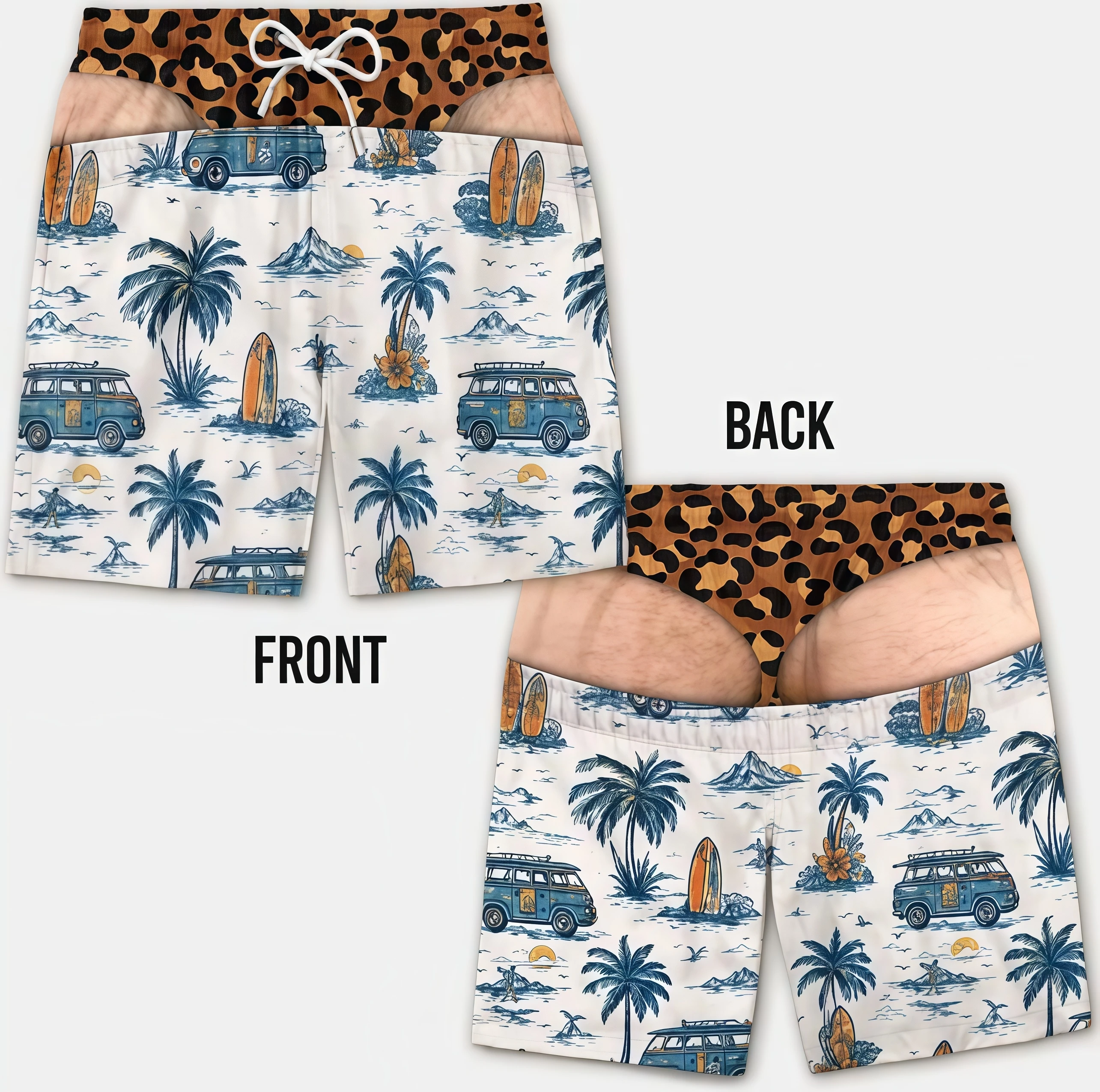 Lustige zweiteilige Boardshorts für Männer mit optischer Illusion, Thong-Print, Strandshorts, neuartige, witzige Badehose für den Sommerurlaub – Detail 8