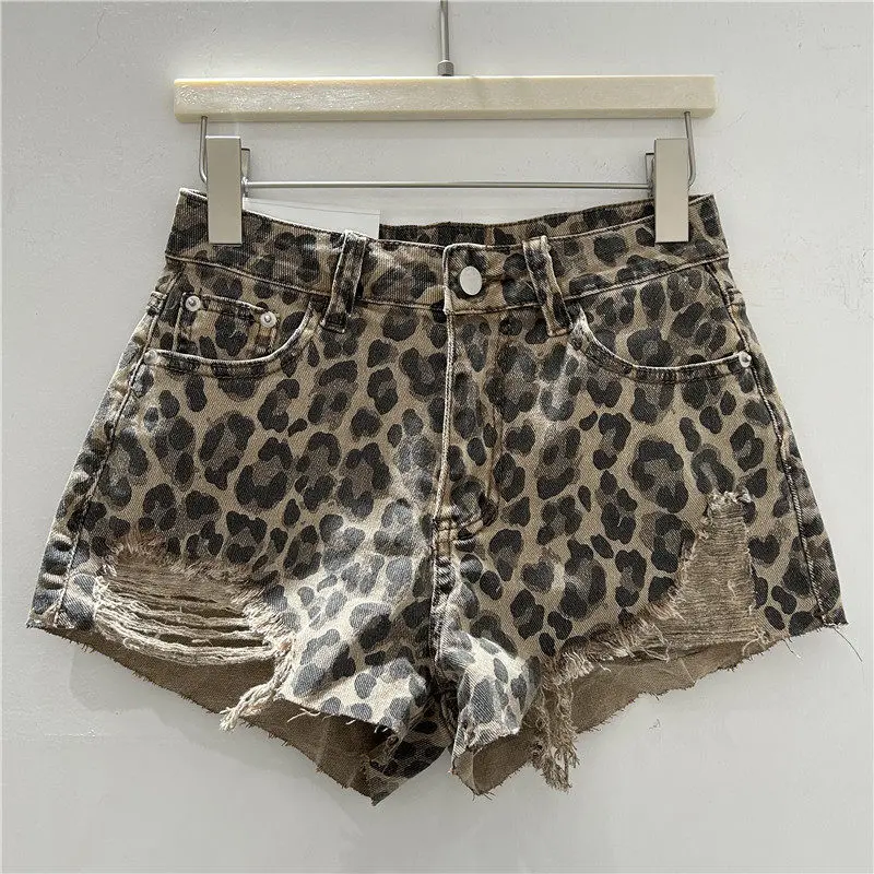 JENYAGE Women Leopard Print Denim Shorts High Waist Ripped Distressed Jeans Shorts Slim Casual Y2K Streetwear Summer Hot Pants