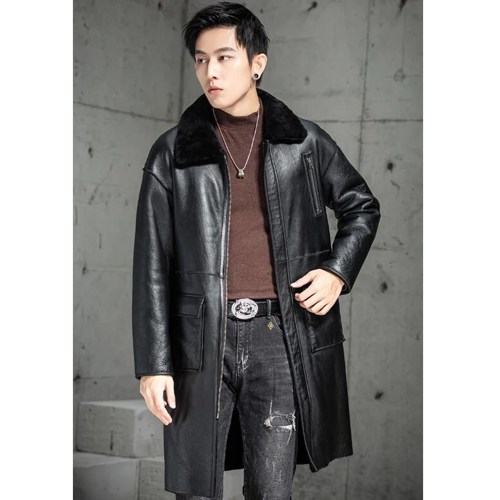 

Denny&Dora Men's Shearling Coat - Black Leather Long Length - Winter-Season Wear - Warm Outerwear