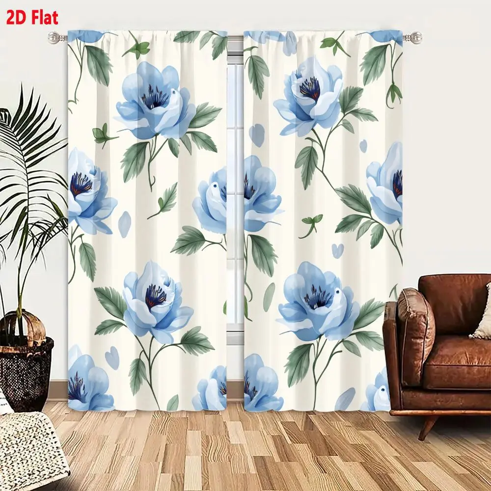 2Pcs Curtains 2D Flat Seamless Floral Pattern With Light Blue Poppies On Cream Background Window Drapes for Bedroom Room Decor D