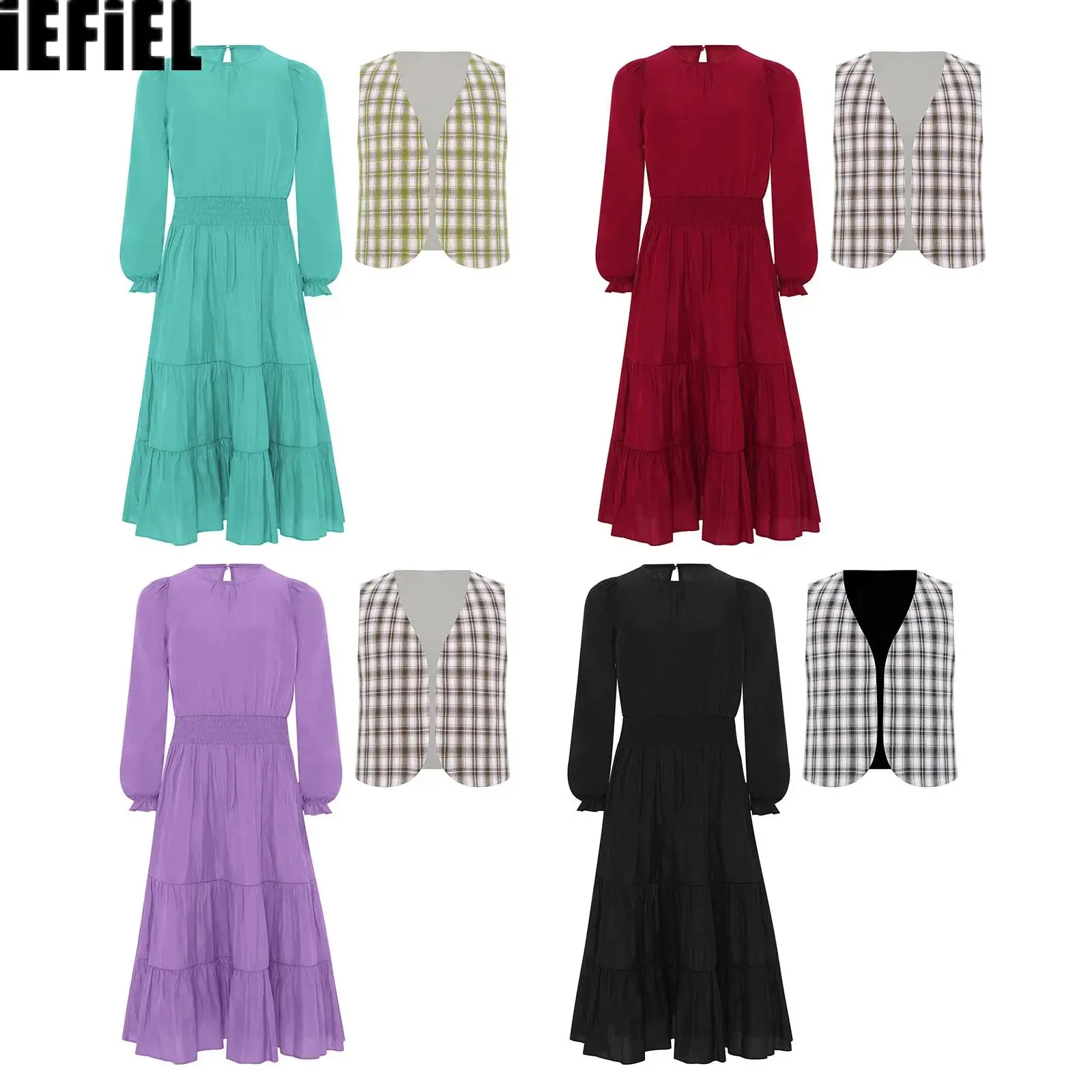 

Детские многоярусные танцевальные наряды с рюшами для девочек, платье с длинными пышными рукавами и присборенной талией, жилет в клетку и шашки с регулируемым ремешком