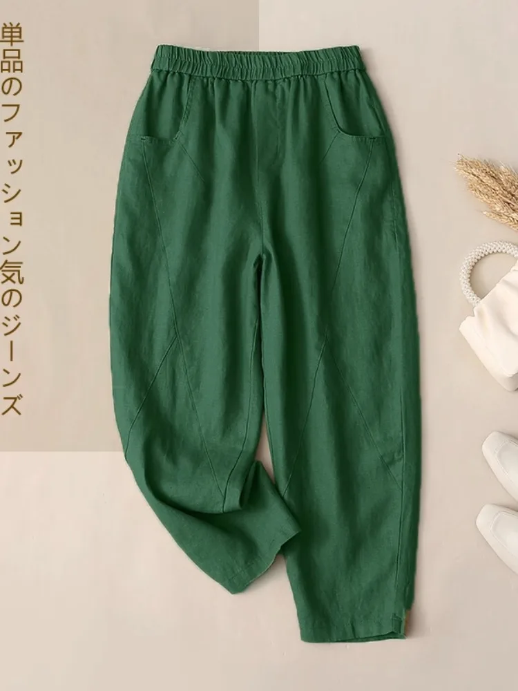 Slim Fit Cotton Linen Harem Pants Women's Thin Breathable Nine Points Carrot Pants Comfortable l Waist Casual Trousers