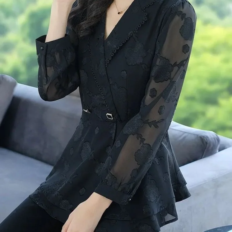 2023 Spring Summer New Oversize Temperament Women's Clothing Printed Long Sleeve Suit Collar Commuter Pullover Chiffon Shirt