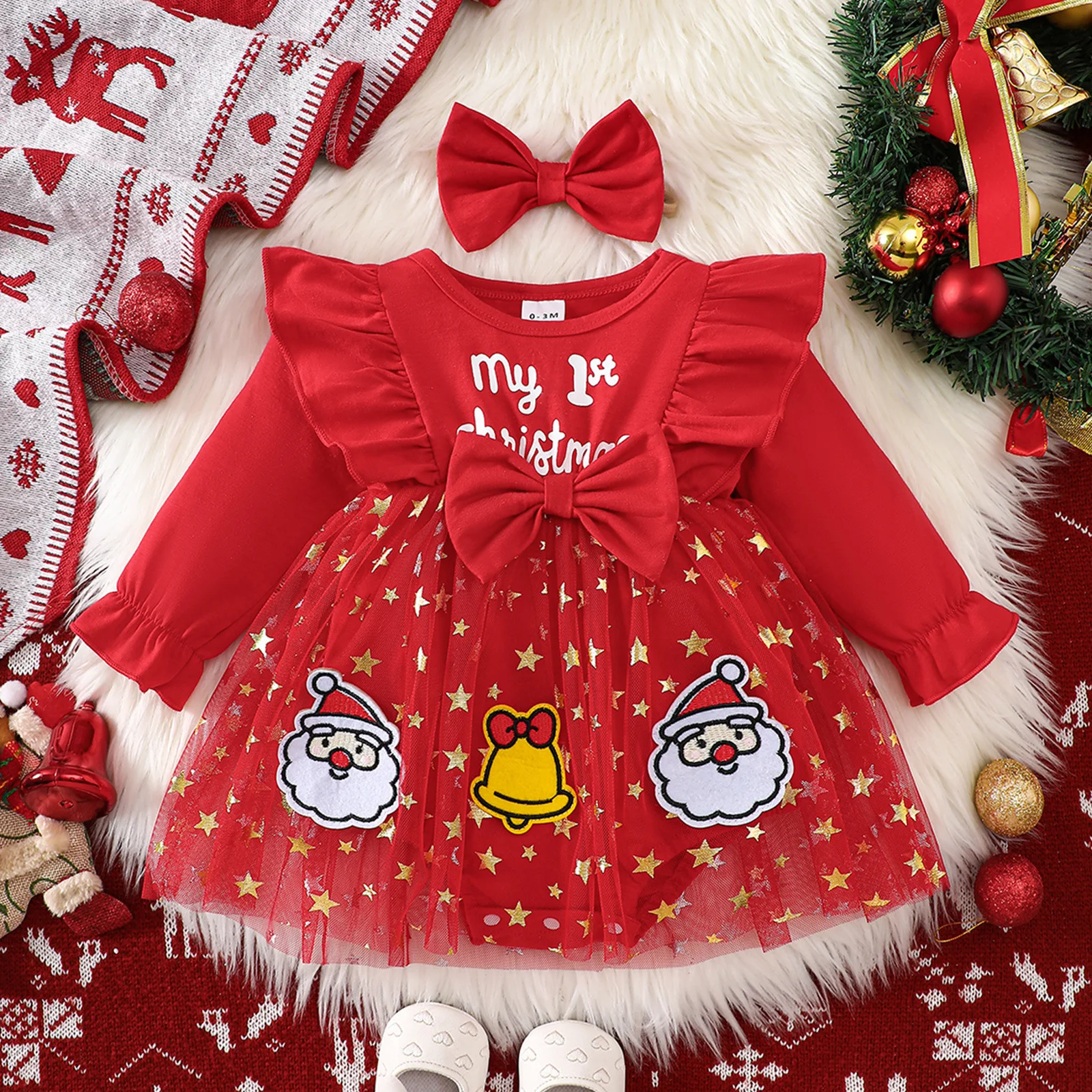 

Newborn 0-18M Baby Girl Christmas Outfit Long Sleeve Santa Embroidery Romper Dress with Star Tulle Skirt & Headband