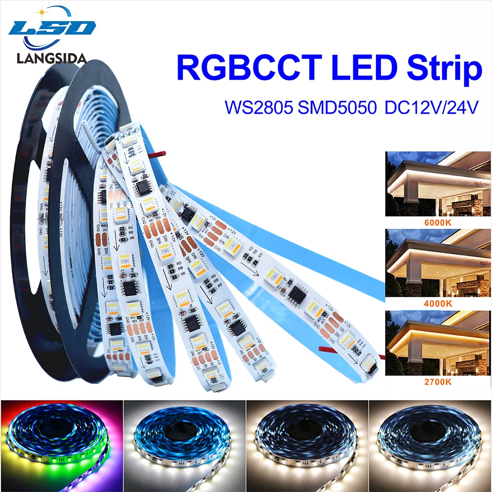 RGBCCT WS2805 LED Strip Addressable 5-in-1 RGB WW CW Tunable White 2700K-6500K SMD5050 DC12V 24V RGB WW CW NW WS2805 LED Strip