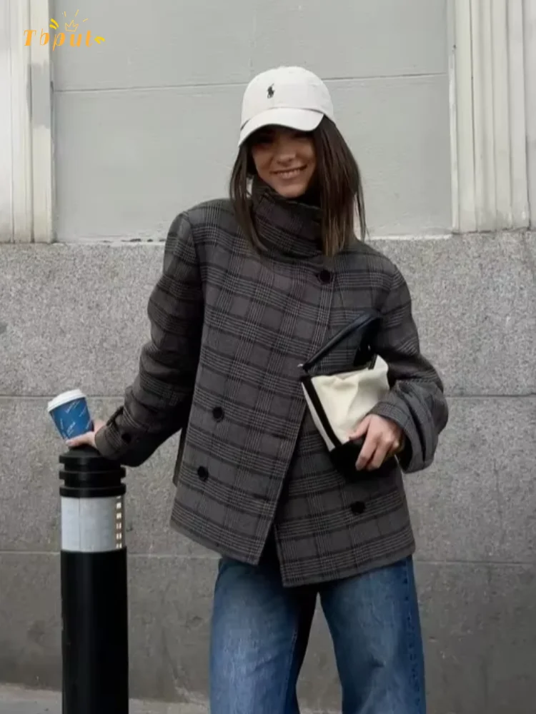 

2026 Lady Spring Commute Outwear Casual Plaid Stand Collar Coat Women Chic Double Breasted Lapel V-neck Long Sleeve Short Jacket