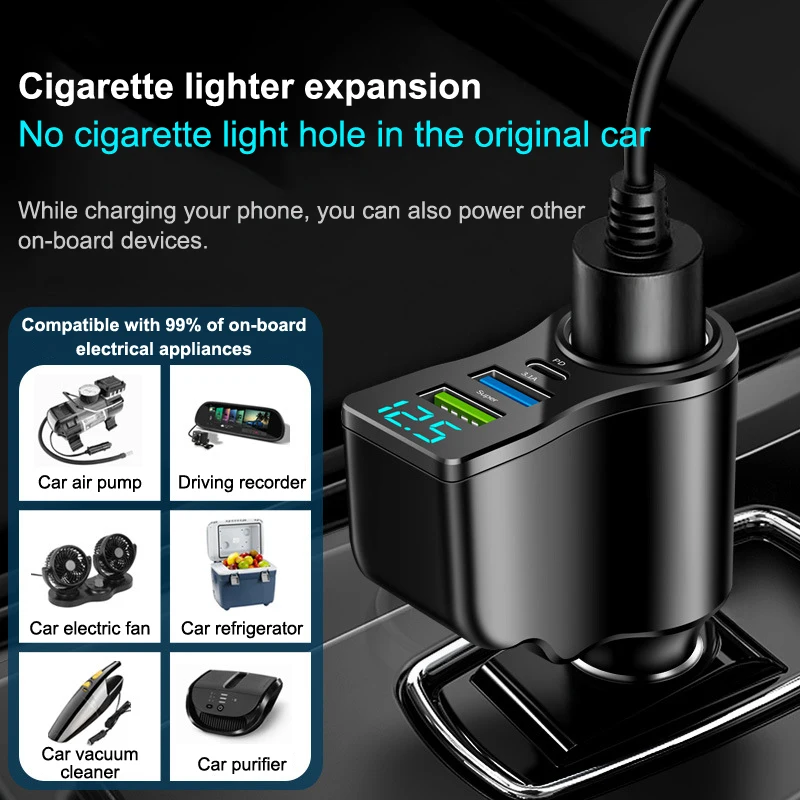 

Автомобильное зарядное устройство с двумя USB-портами, автомобильное многофункциональное зарядное устройство с цифровым дисплеем от одного до трех сигарет, 66 Вт