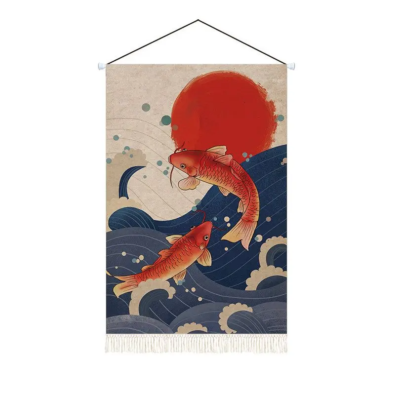 VIKAMA Japanese Style Koi Fish Tapestry Oriental Red Carp Wave Sun Art Wall Hanging Bedroom Dorm Home Decor