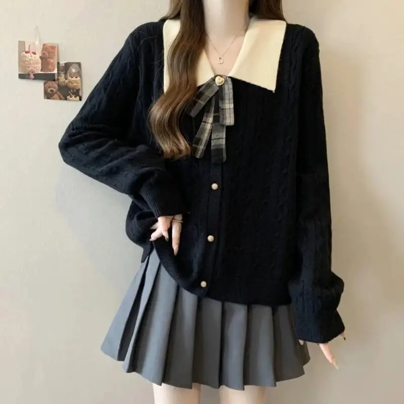 

Новое поступление, модный вязаный кардиган в студенческом стиле с лацканами и бантом, весенне-осенний большой женский свитер для похудения, трикотаж