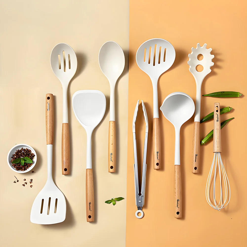 9PCS Large-Sized Silicone Cooking Utensils Set, Beech Wood Handle Non-Stick Kitchen Tool Kit