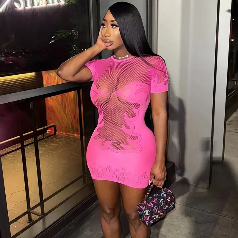 

Sifreyr High Stretch Sheer Mini Dress Women Basics Solid Color O Neck Short Sleeve Slim Bodycon Party Sexy Dresses Fashion