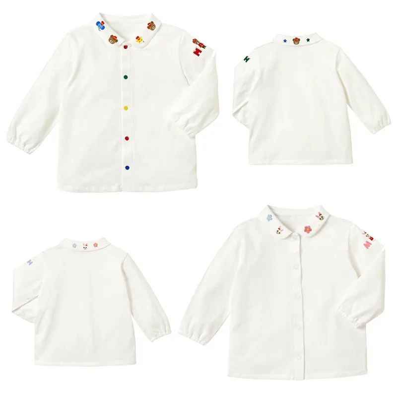 Japanese Style Kids Plaid Bear Shirt Colorful Letter Print Boys Long Sleeve Blouse  Girl Inner Wear Shirts Girls Blouses