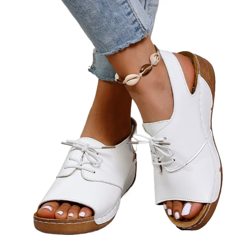 Zapatos de mujer 2025, gran oferta, sandalias de mujer con cordones delanteros, sandalias de moda con punta abierta, informales de verano de talla grande, nuevas y cómodas sandalias de cuña
