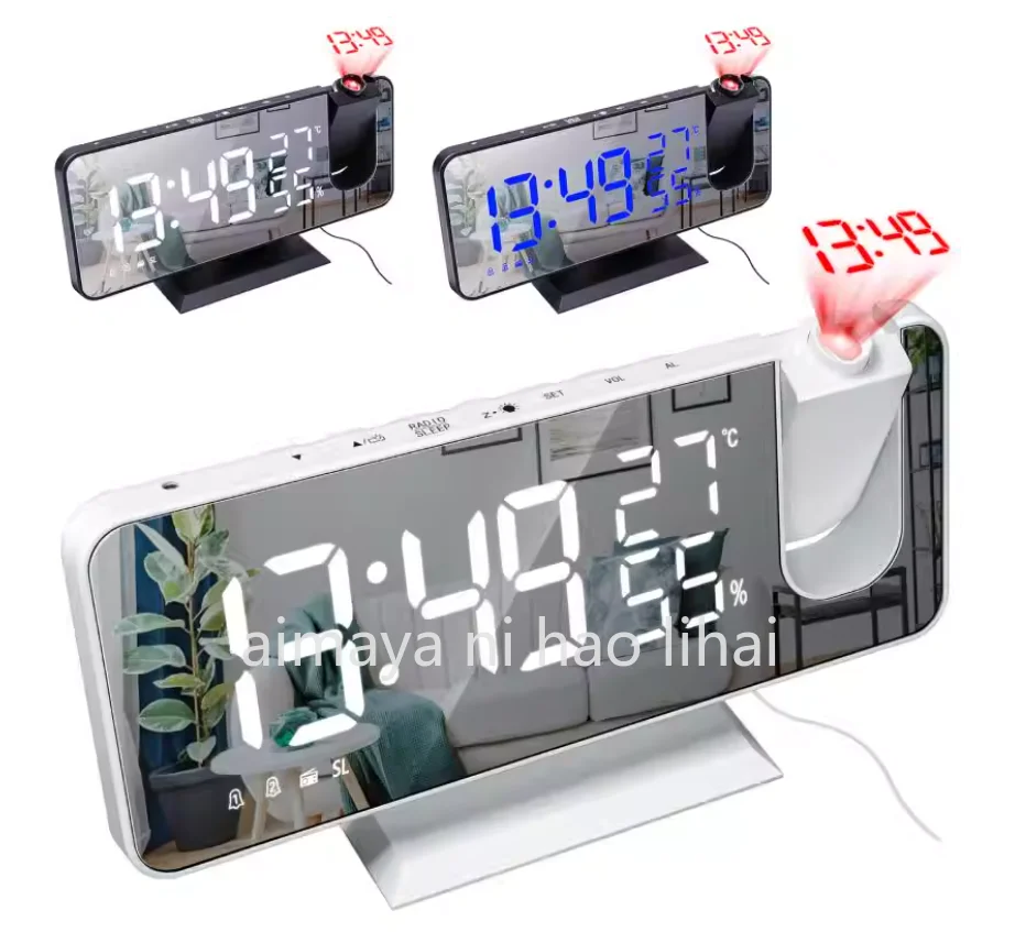 Table Clock HD Projection Large LED Alarm Clock Display Digital Smart Radio Ceiling Auto Dimming Bedroom for Room Accessories