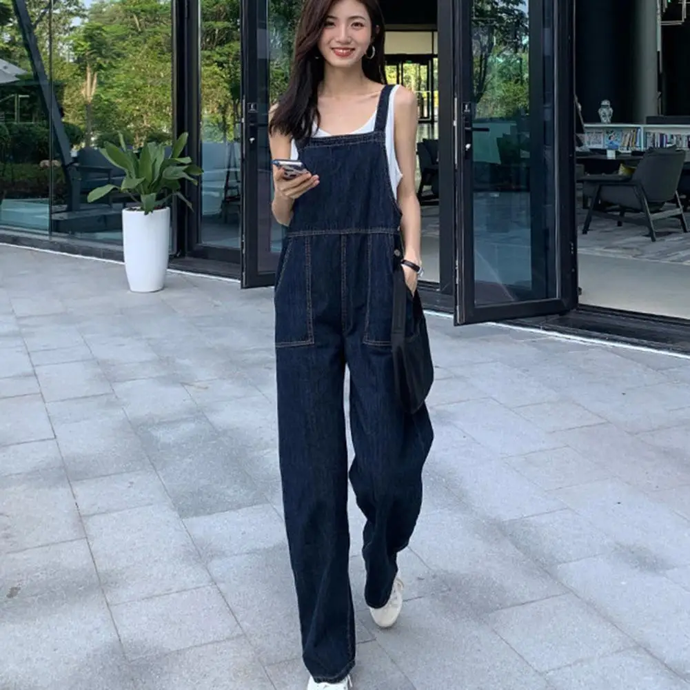 Loose Wide-leg Jumpsuit Women's Denim Jumpsuits Sleeveless Square Neck Wide Leg Pant Rompers Summer Casual Overalls with Pockets