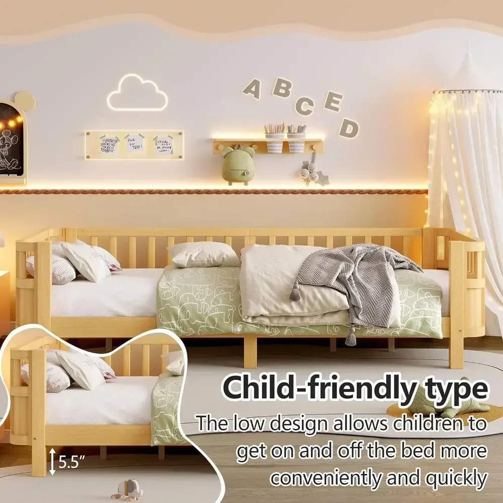 Twin XL Platform Bed with Detachable Footboard, Solid Wood Daybed, Safety Guardrails, Suitable for Kids and Teens, Natural Finis view 6