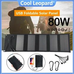 Foldable 5-fold Solar Panel 80W 5V USB Portable Battery Charger for Cell Phone Outdoor Waterproof Power Bank for Camping Fishing