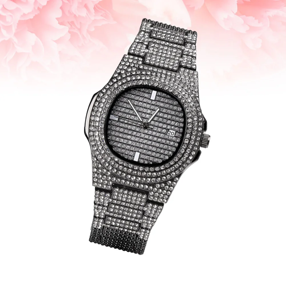 

Male Black Rhinestone Quartz Watch Elegant Zircon Band Fashion Wristwatch Perfect Gift for Men Birthday Christmas