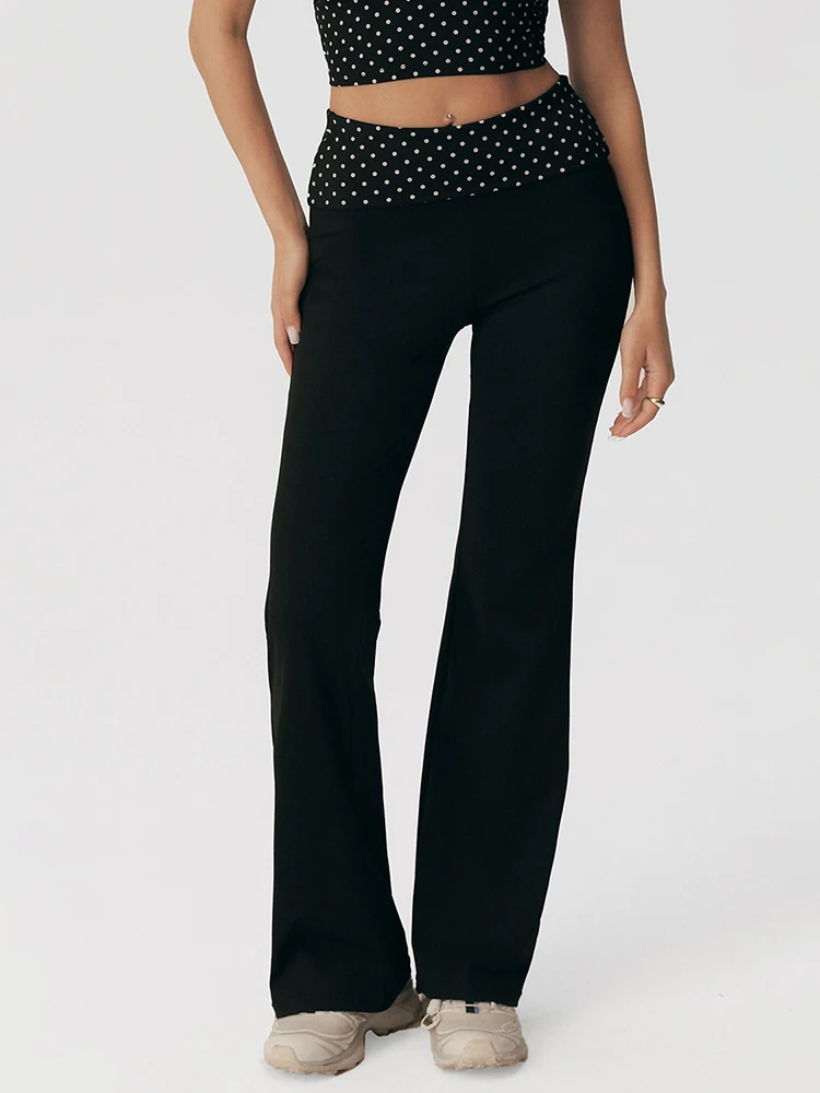 Women Yoga Pants Polka Dot Fold Over Waistband Flared Pants Elastic Low Waist Wide Leg Leggings Bell Bottoms Sweatpants Trousers