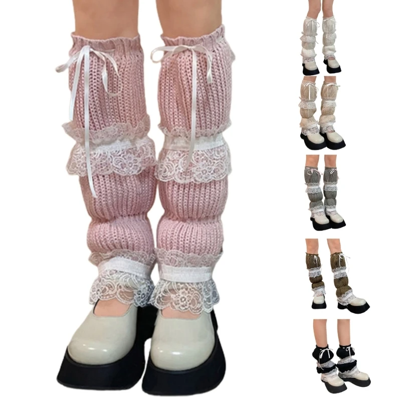 

Women Knit Leg Warmers Lolitas Lace Up Boot Socks Lace Ruffle Frilly Leg Covers