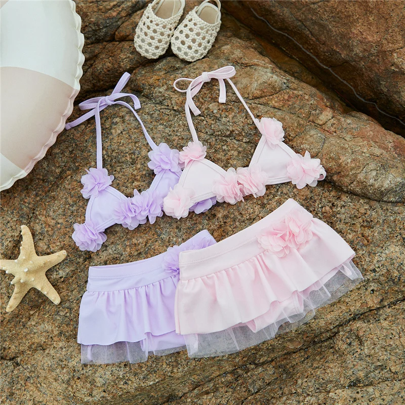 

Suefunskry Baby Girl Swimsuit 2Pcs Bikini Set, Halter Neck 3D Flower Tie Up Tops + Elastic Waist Shorts Sheer Mesh Bathing Suit