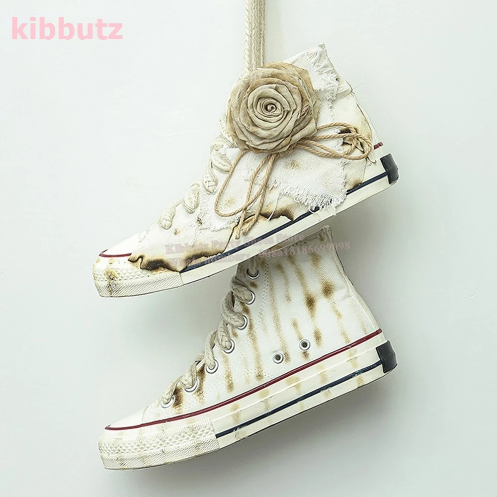 Hand Painted Rose Burning Canvas Sneakers Round Toe Thick Bottom Lace-Up Novelty Vintage Fashion Concise Shoes Newest Large Size