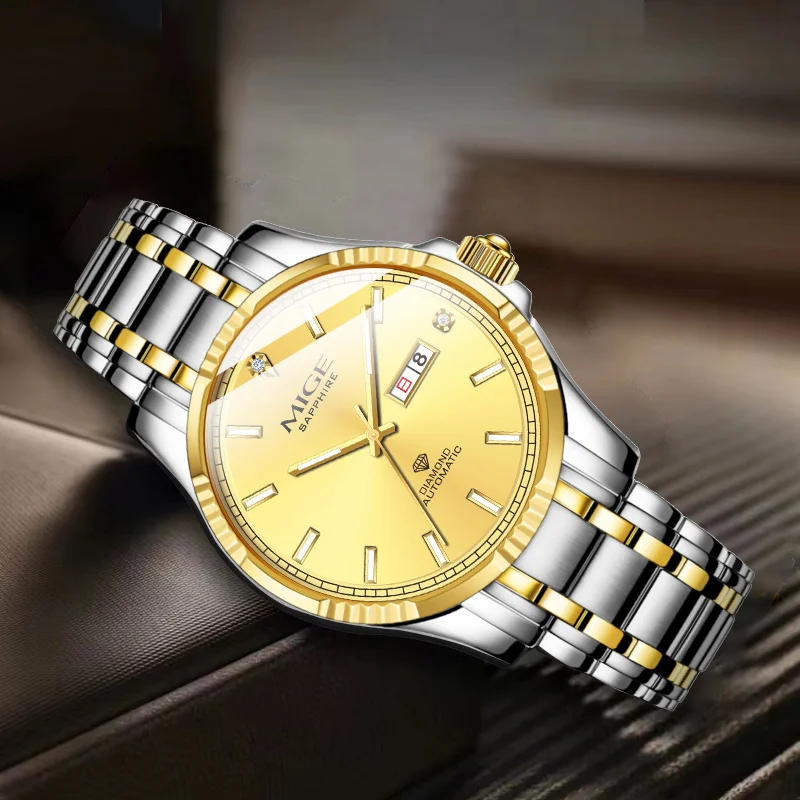 

MIGE Brand Top sale mechanical men stainless steel case business watch night light waterproof date and week luxury fashion watch