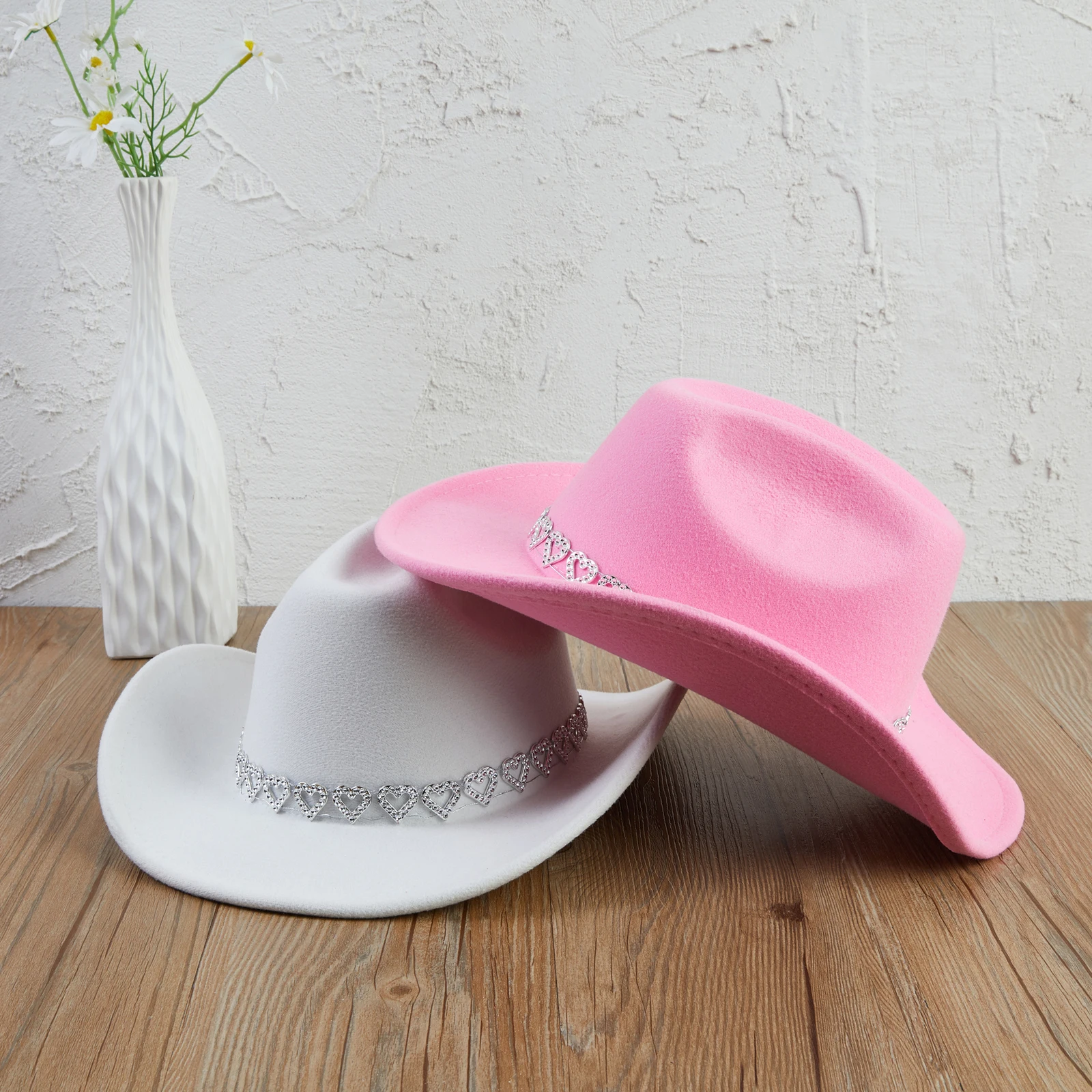 Hart Strass Cowgirl Hoed Dames Westerse Stijl Retro Brede Rand Zonnehoed Thema Feestpetten